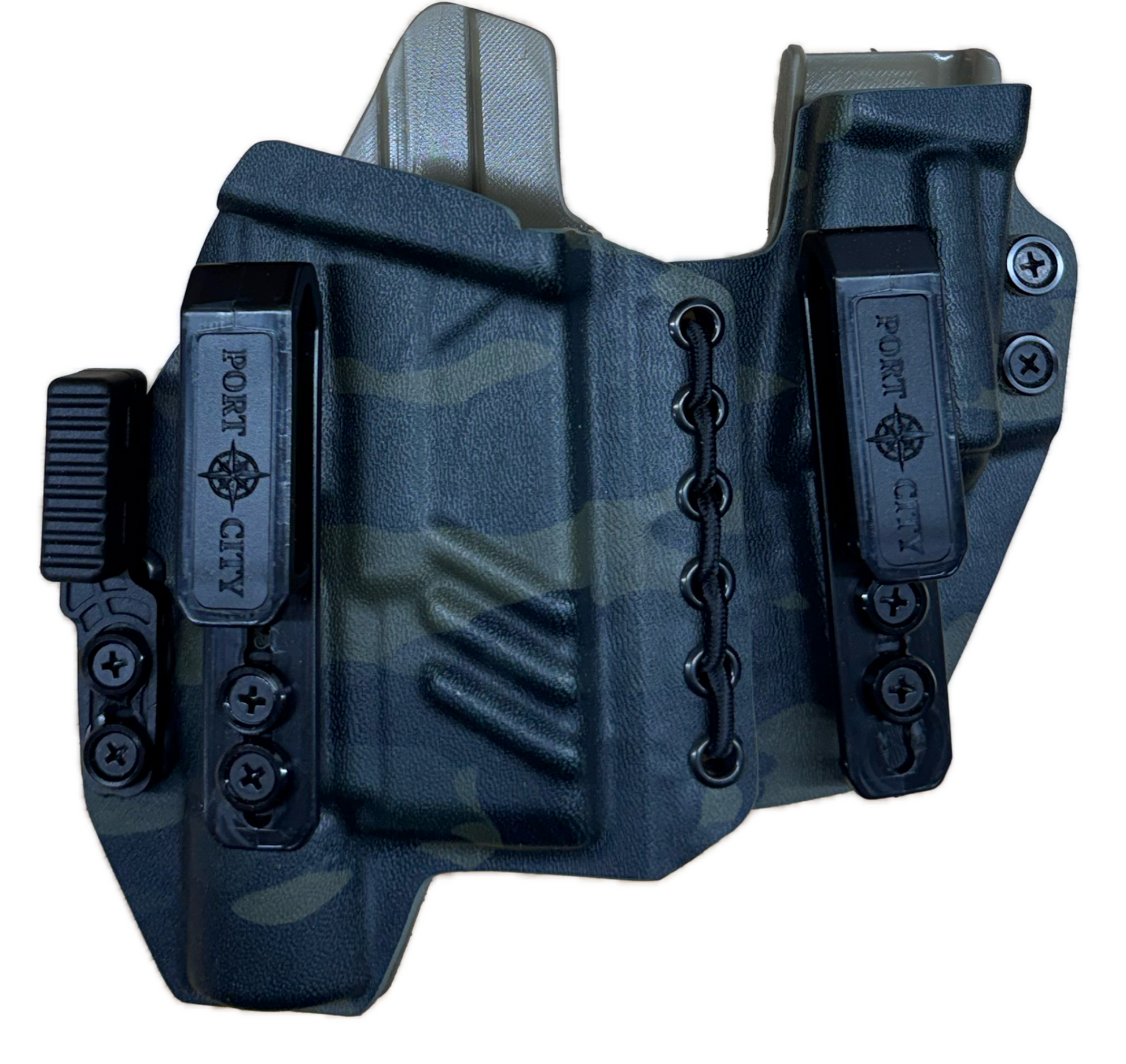 Black tactical holster with camouflage pattern on a white background